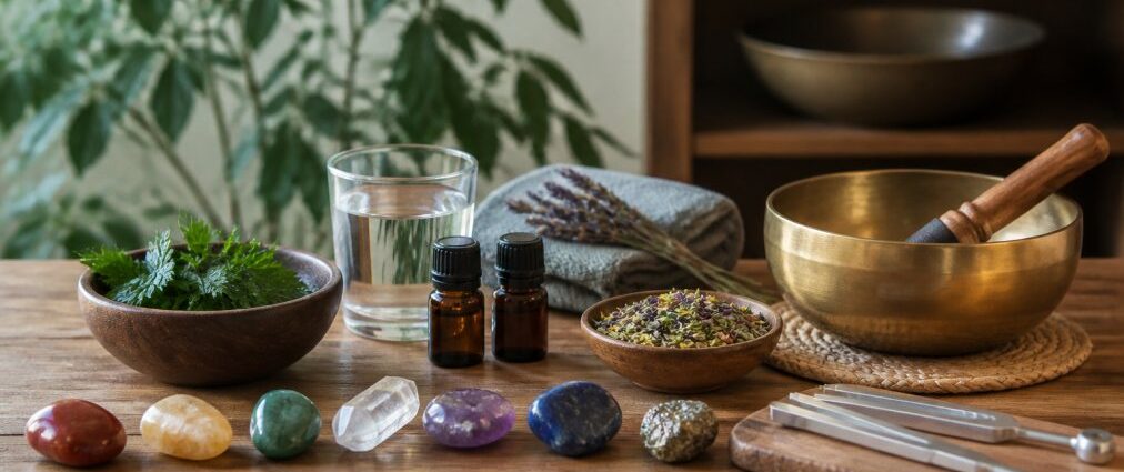steramedig-alternative-fur-gesundheitsbewusste-2026-1789687918-1 - Herbert Eder - Frequenzforscher Spa setup on a wooden table with herbs in a bowl, crystals, essential oil bottles, a glass of water, and a brass bowl with a pestle nearby.
