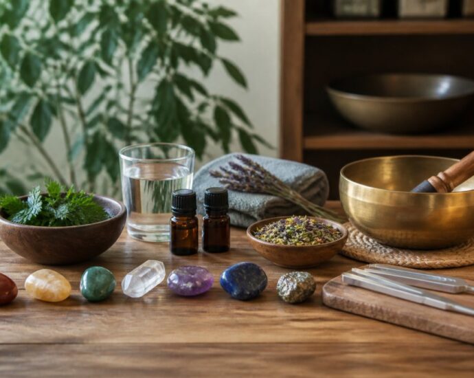 A spa setup on a wooden table featuring herbs in a bowl, crystals, essential oil bottles, a glass of water, and a brass bowl with a pestle nearby.
