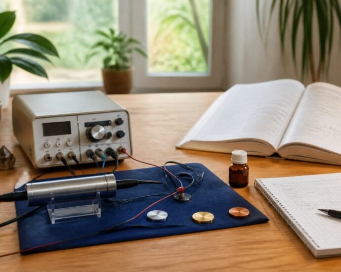 Electronics experiment on a wooden desk: an oscilloscope, probes on a blue mat, an open book, and a notebook, with plants in the background.