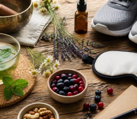 5-Tips-for-Natural-Relief-from-Fatigue-1791846232-1 - Herbert Eder - Frequency Researcher A wellness spread featuring herbal tea, fresh herbs, berries, a sleep mask, running shoes, and essential oil on a wooden table.