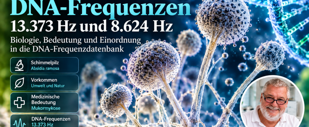 Absidia ramosa - Herbert Eder - Frequenzforscher Poster announcing Absidia ramosa DNA-Frequenzen with fungal imagery and a circular Herbert Eder portrait in the corner.