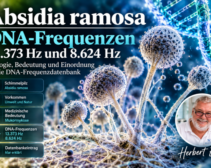 Poster announcing Absidia ramosa DNA-Frequenzen with fungal imagery and a circular Herbert Eder portrait in the corner.
