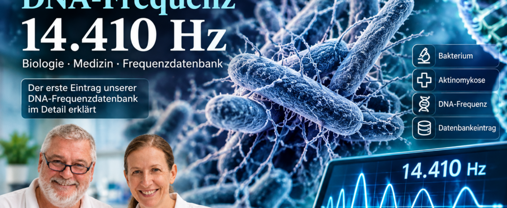 Actinomyces israelii - Herbert Eder - Frequenzforscher Two researchers in white polo shirts smile in a lab, with a DNA/bacteria backdrop and a display showing 14.410 Hz in the foreground.