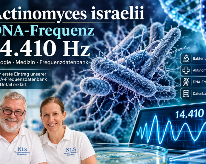 Two researchers in white polo shirts smile in a lab, with a DNA/bacteria backdrop and a display showing 14.410 Hz in the foreground.