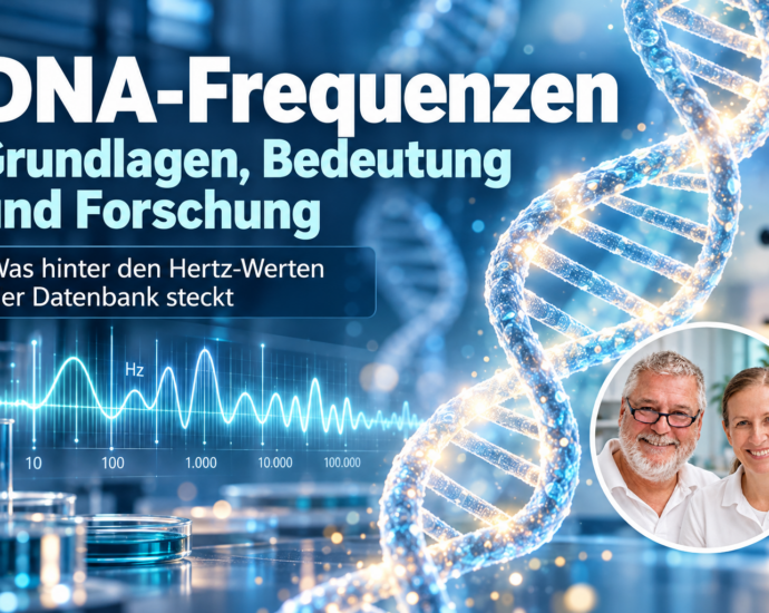 Symbolische DNA-Doppelhelix mit Hertz-Anzeige zum Artikel „DNA-Frequenzen: Grundlagen, Bedeutung und Forschung“.