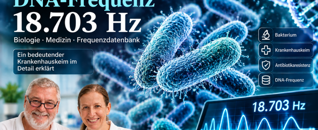 Acinetobacter baumannii – DNA-Frequenz 18.703 Hz - Herbert Eder - Frequenzforscher Two researchers in white polo shirts smile at the camera with a blue scientific backdrop showing bacteria and a 18.703 Hz waveform headline (DNA frequency poster).