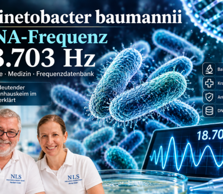 Acinetobacter baumannii – DNA-Frequenz 18.703 Hz - Herbert Eder - Frequenzforscher Two researchers in white polo shirts smile at the camera with a blue scientific backdrop showing bacteria and a 18.703 Hz waveform headline (DNA frequency poster).