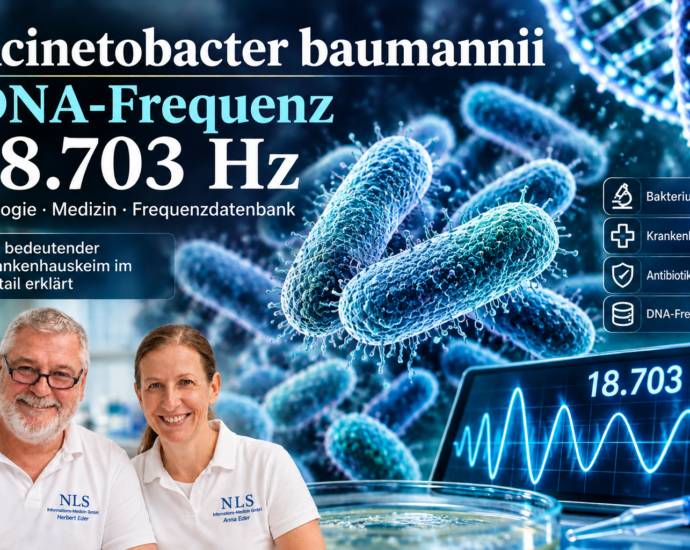 Two researchers in white polo shirts smile at the camera against a blue scientific backdrop depicting bacteria and a headline featuring an 18.703 Hz waveform (DNA frequency poster).