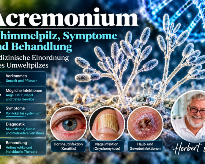Symbolické vlákna houby Acremonium s malými spórami – odkaz na článek o příznacích, diagnostice a léčbě.