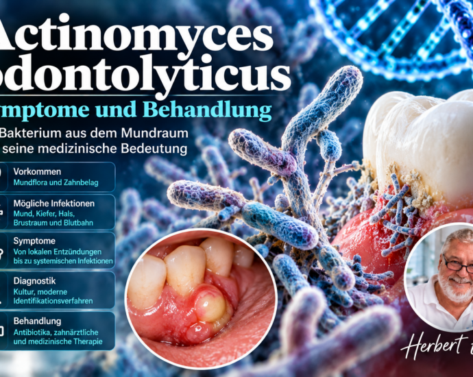 Illustrative bacteria and a tooth model accompanying the article on Actinomyces odontolyticus, potential infections, and treatment.