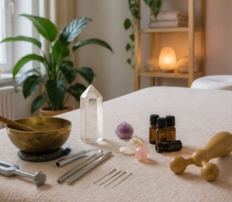 Alternatives to Traditional Frequency Therapy for Beginners-1791792756 - Herbert Eder - Frequency Researcher Spa/therapy table setup featuring crystal points, crystals, essential oils, and tuning forks for crystal healing or sound therapy