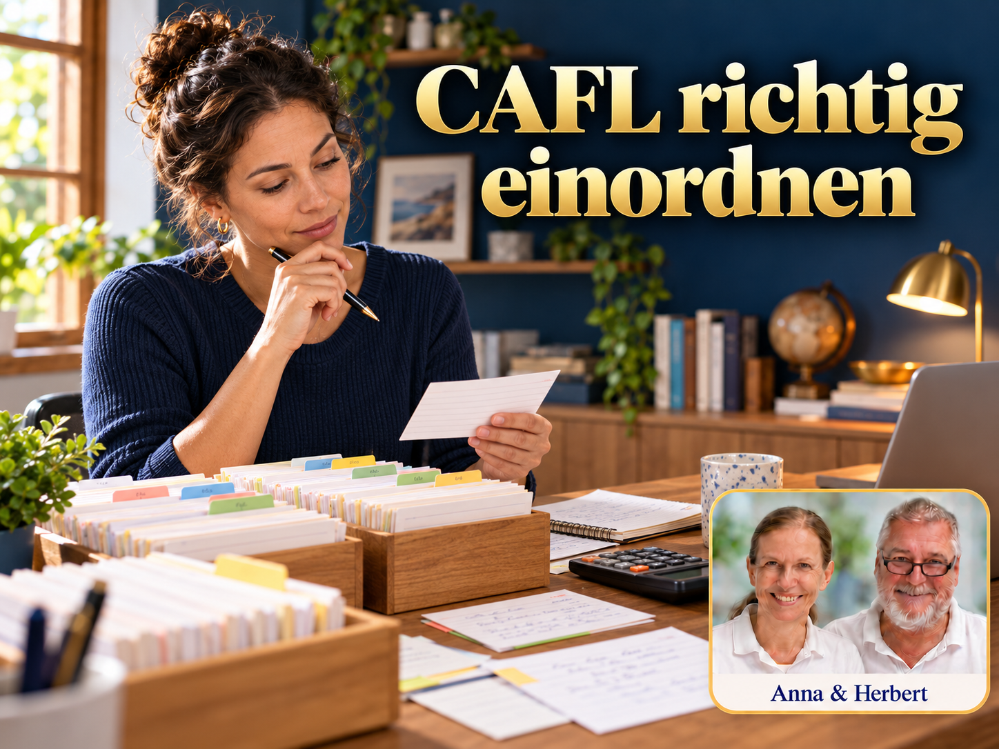 CAFL richtig einordnen – Anna und Herbert - Herbert Eder - Frequenzforscher Frau prüft Karteikarten in Ablagekästen unter dem Titel CAFL richtig einordnen.