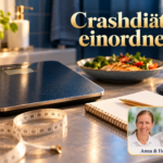 Crashdiäten einordnen - Herbert Eder - Frequenzforscher Eine ausgeschaltete Waage, ein loses Maßband und ein Notizbuch; dahinter stehen eine Mahlzeit und ein Wasserglas. Anna und Herbert sind rechts unten im Porträt-Badge zu sehen.