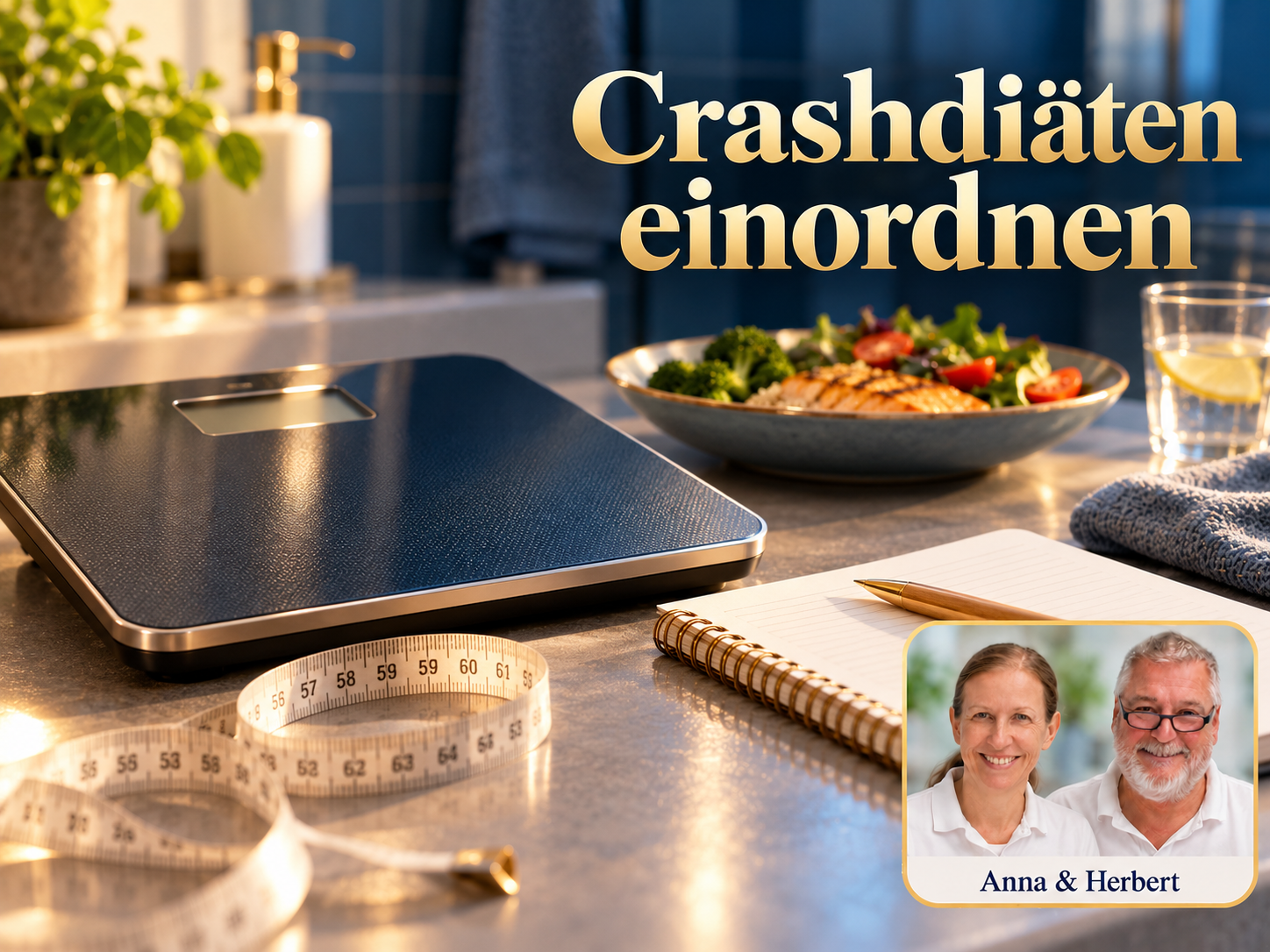 Crashdiäten einordnen - Herbert Eder - Frequenzforscher Waage, Maßband, Notizbuch und Teller mit Gemüse unter dem Titel Crashdiäten einordnen.