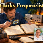 Clarks Frequenzlisten – Anna und Herbert - Herbert Eder - Frequenzforscher Mann betrachtet mit einer Lupe Tabellen in einem Ordner neben einem Gerät unter dem Titel Clarks Frequenzlisten.