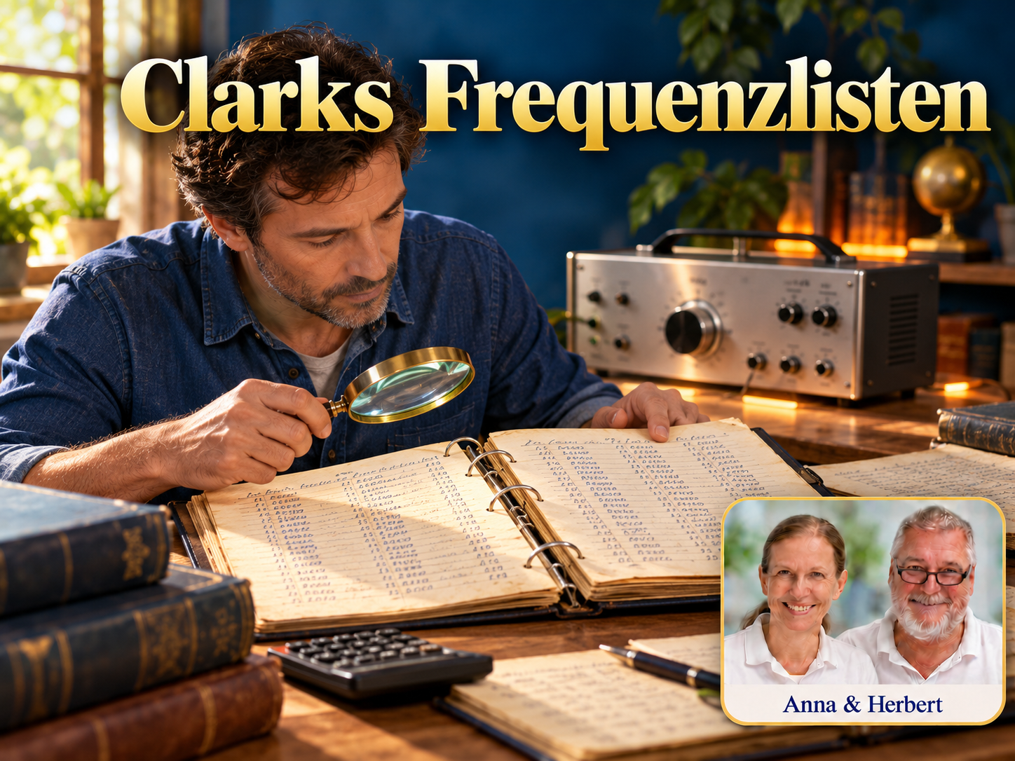 Clarks Frequenzlisten – Anna und Herbert - Herbert Eder - Frequenzforscher Mann betrachtet mit einer Lupe Tabellen in einem Ordner neben einem Gerät unter dem Titel Clarks Frequenzlisten.