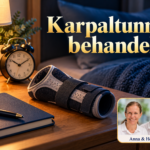Karpaltunnel behandeln – Anna und Herbert - Herbert Eder - Frequenzforscher Unbeschriftete Handgelenkschiene neben Notizbuch, Wecker und Wasserglas auf einem Nachttisch. Porträtbadge Anna und Herbert rechts unten.