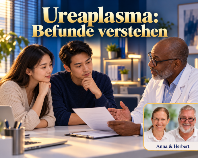Zwei Erwachsene sprechen mit einem Mann im weißen Mantel unter dem Titel Ureaplasma: Befunde verstehen.