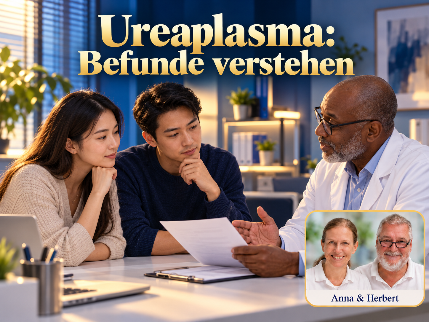 Ureaplasma: Befunde verstehen – Anna und Herbert - Herbert Eder - Frequenzforscher Zwei Erwachsene sprechen mit einem Mann im weißen Mantel unter dem Titel Ureaplasma: Befunde verstehen.