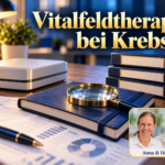 Vitalfeldtherapie bei Krebs – Anna und Herbert - Herbert Eder - Frequenzforscher Ein inaktives neutrales Gerät liegt neben Unterlagen, Lupe und Notizbuch. Symbolbild zur kritischen Einordnung der Vitalfeldtherapie bei Krebs. Porträtbadge Anna und Herbert rechts unten.