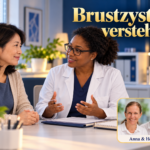 Brustzysten verstehen – Anna und Herbert - Herbert Eder - Frequenzforscher Eine Frau spricht mit einer Ärztin über Untersuchungsunterlagen zu Brustzysten. Porträtbadge Anna und Herbert rechts unten.