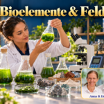 Bioelemente & Felder – Anna und Herbert - Herbert Eder - Frequenzforscher Frau im weißen Mantel hält einen Kolben mit grüner Flüssigkeit neben Mineralstücken unter dem Titel Bioelemente und Felder.