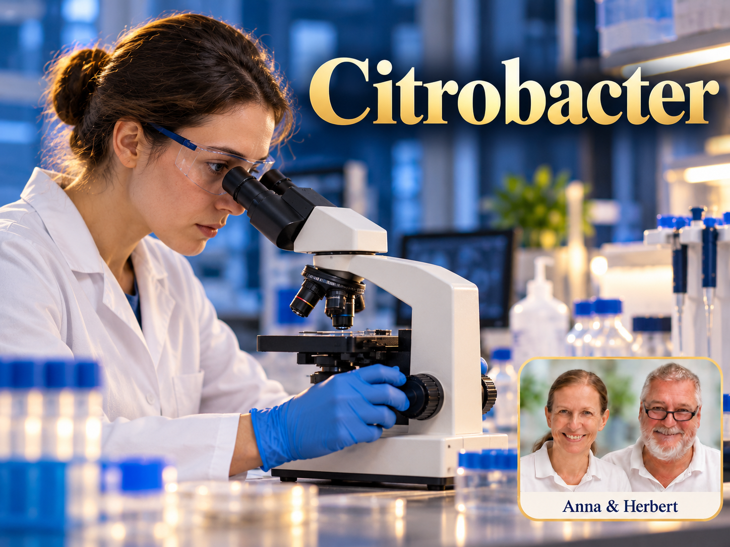 Citrobacter – Anna und Herbert - Herbert Eder - Frequenzforscher Frau mit Handschuhen untersucht etwas am Mikroskop unter dem Titel Citrobacter.