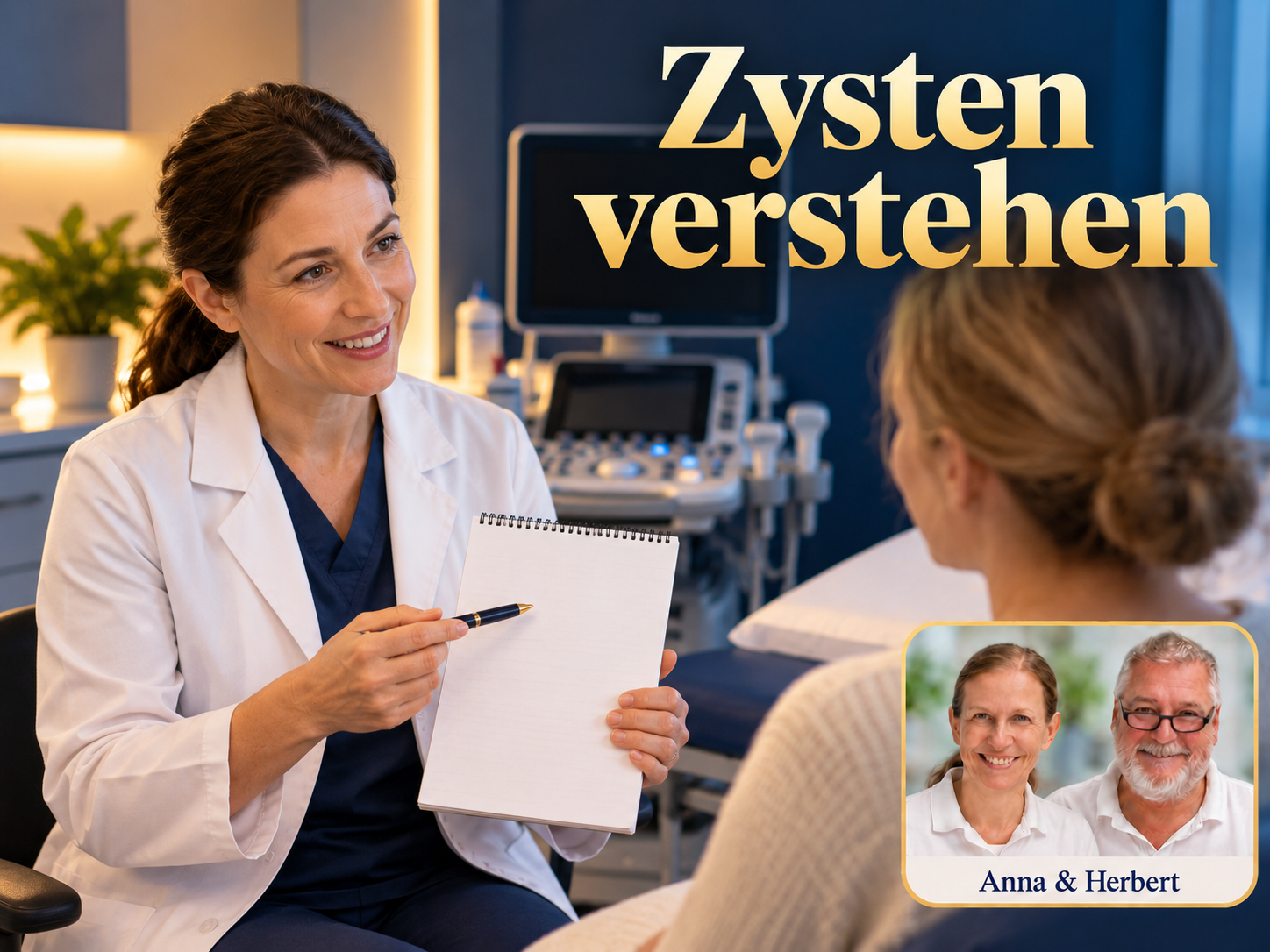 Zysten verstehen – Anna und Herbert - Herbert Eder - Frequenzforscher Frau im weißen Mantel zeigt einer zweiten Frau ein leeres Notizblatt unter dem Titel Zysten verstehen.