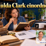Hulda Clark einordnen – Anna und Herbert - Herbert Eder - Frequenzforscher Frau liest ein altes Buch neben einem elektronischen Gerät unter dem Titel Hulda Clark einordnen.
