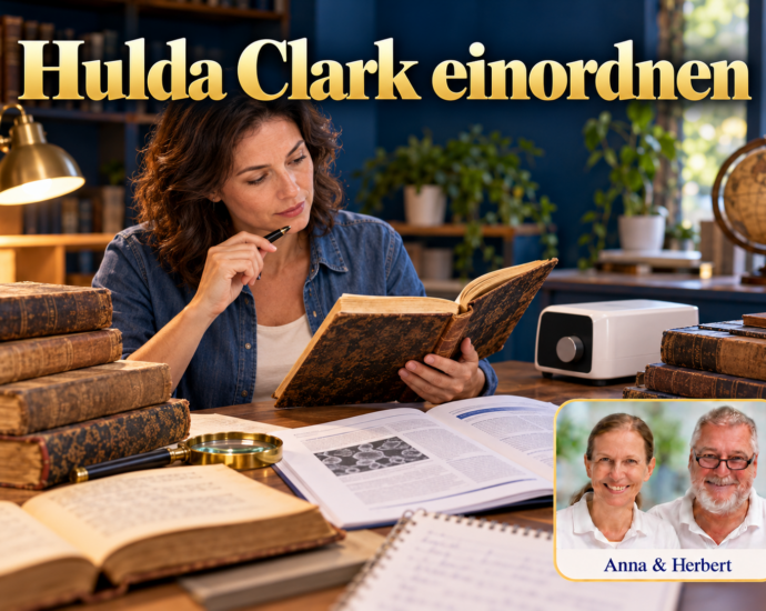 Frau liest ein altes Buch neben einem elektronischen Gerät unter dem Titel Hulda Clark einordnen.