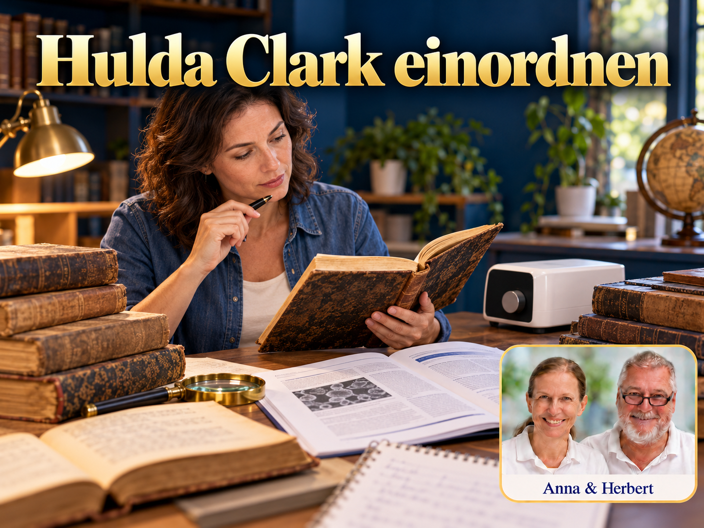 Hulda Clark einordnen – Anna und Herbert - Herbert Eder - Frequenzforscher Frau liest ein altes Buch neben einem elektronischen Gerät unter dem Titel Hulda Clark einordnen.