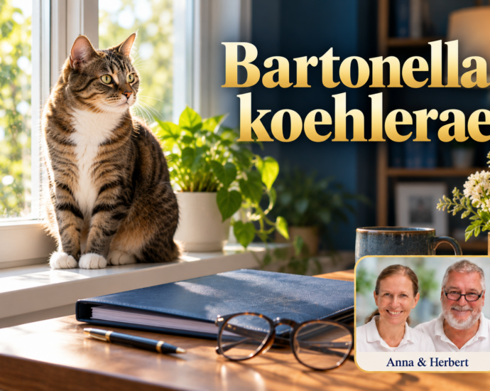 Katze auf einer Fensterbank neben Mappe und Brille unter dem Titel Bartonella koehlerae.