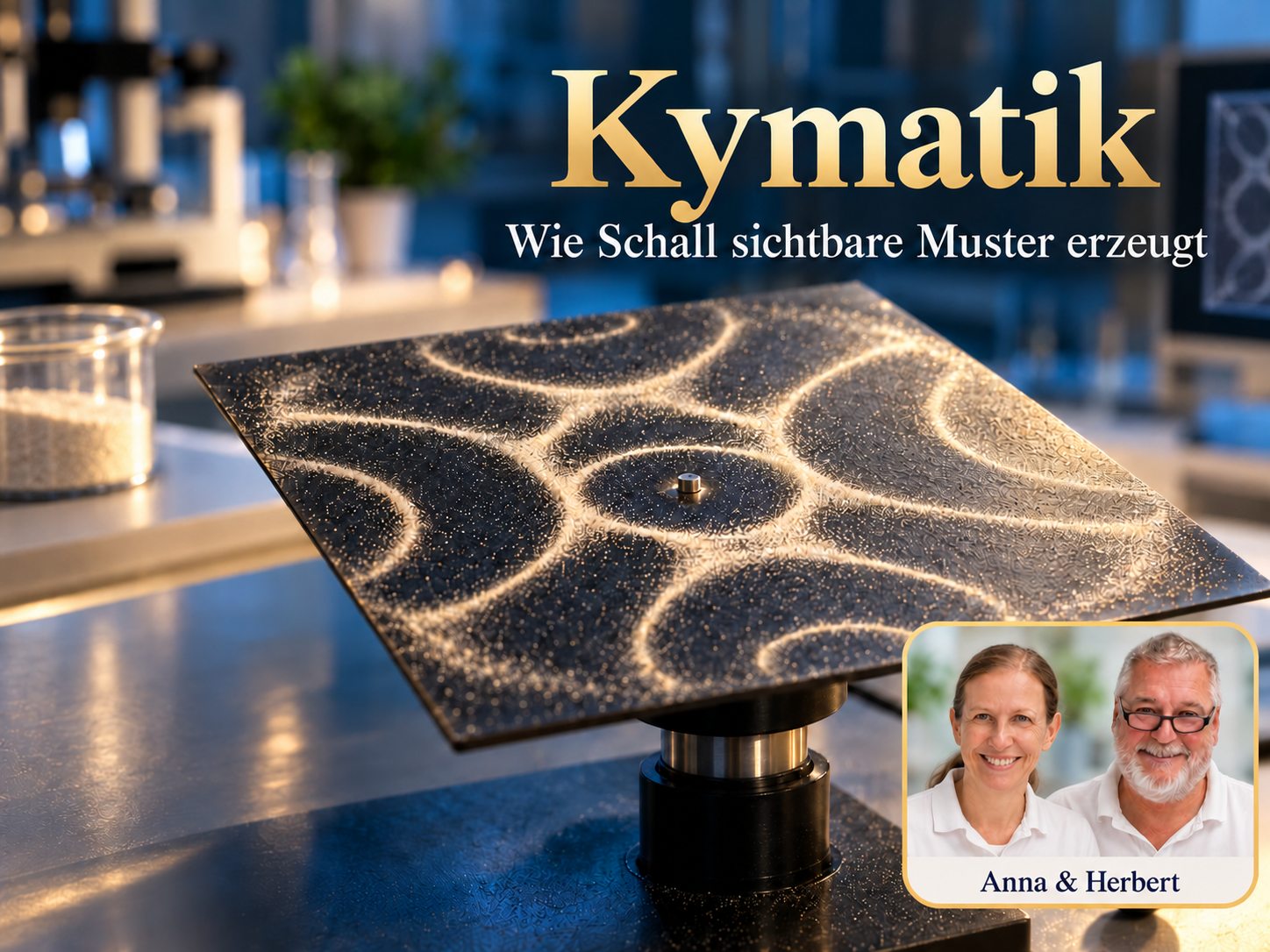 Kymatika – Anna a Herbert – Herbert Eder – výzkumník v oblasti frekvencí Quadratische Metallplatte mit hellen Sandmustern und dem Titel Kymatik; kleines Porträtfeld unten rechts.