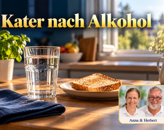 A glass of water and a piece of toast on a light-colored kitchen table in the soft morning light. Portrait badge of Anna and Herbert in the lower right corner.