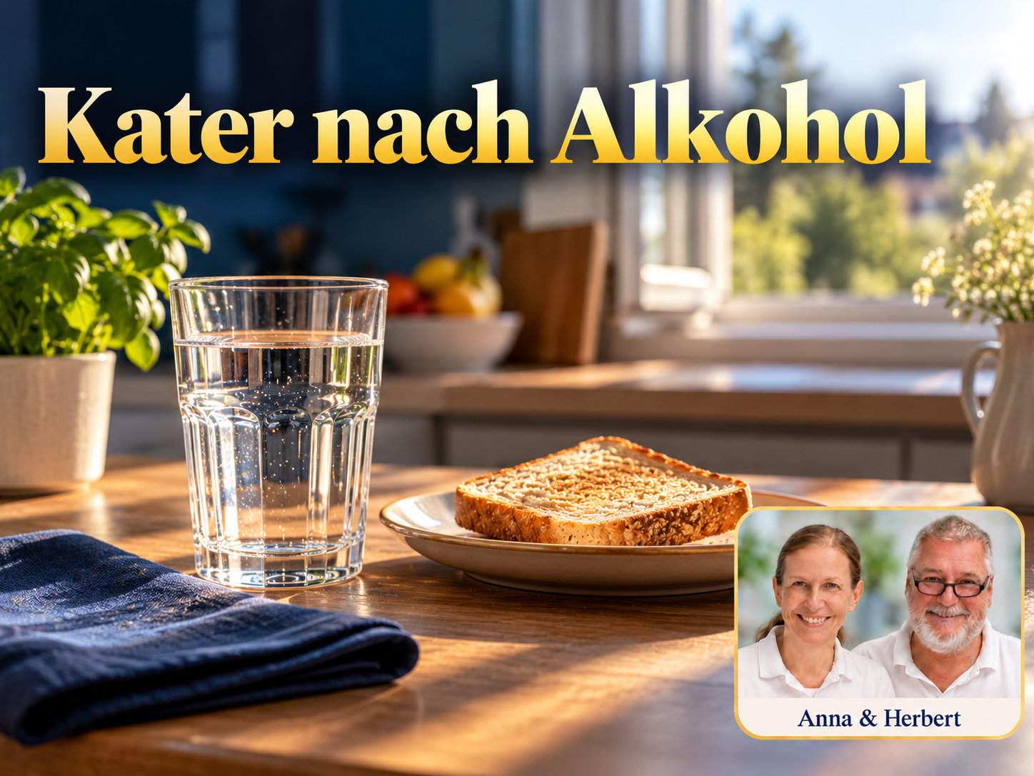 Kater nach Alkohol – Anna und Herbert - Herbert Eder - Frequenzforscher Wasserglas, Toast und gefaltetes Tuch unter dem Titel Kater nach Alkohol.