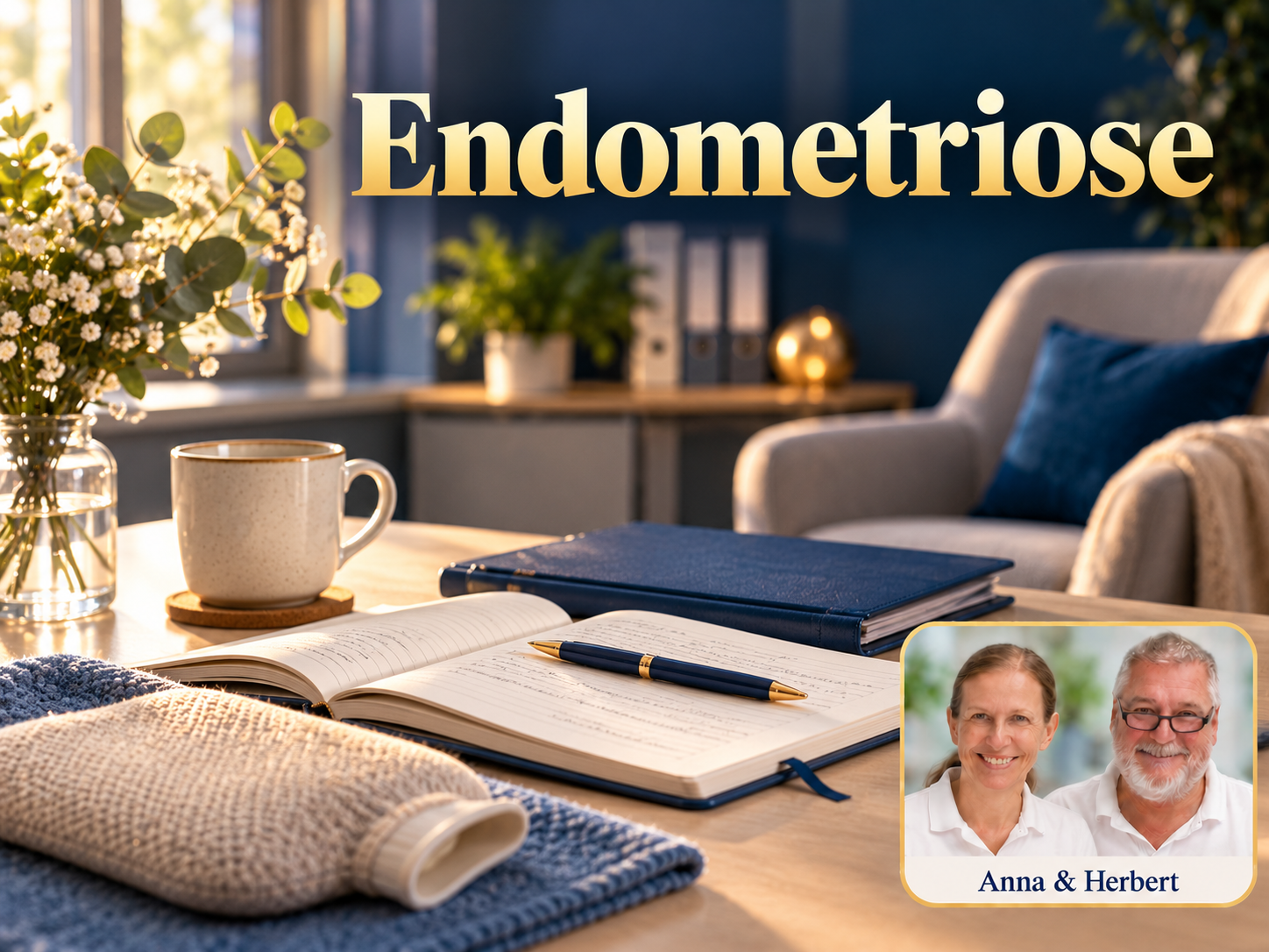 Endometrióza – Anna a Herbert – Herbert Eder – výzkumník v oblasti frekvencí Notizbuch, Stift, Tasse und zusammengerollte Decke unter dem Titel Endometriose.