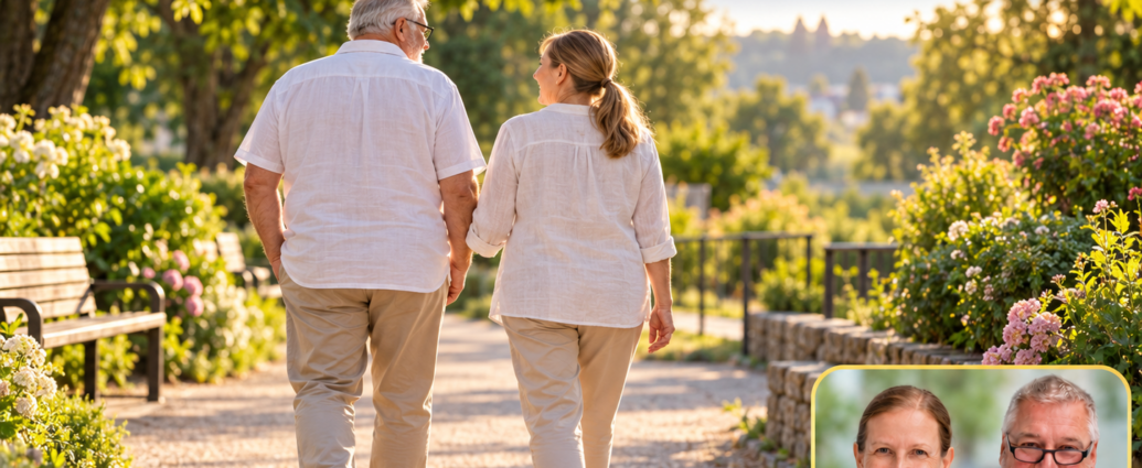 Dementia and Everyday Life – Anna and Herbert - Herbert Eder - Frequency Researcher Two adults taking a walk along a sunny garden path; portrait badge of Anna and Herbert in the lower right corner.