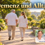 Demenz und Alltag – Anna und Herbert - Herbert Eder - Frequenzforscher Zwei Erwachsene bei einem Spaziergang auf einem sonnigen Gartenweg; Porträt-Badge Anna und Herbert rechts unten.