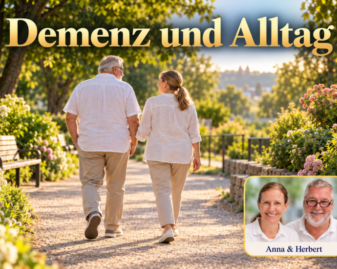 Zwei Erwachsene bei einem Spaziergang auf einem sonnigen Gartenweg; Porträt-Badge Anna und Herbert rechts unten.
