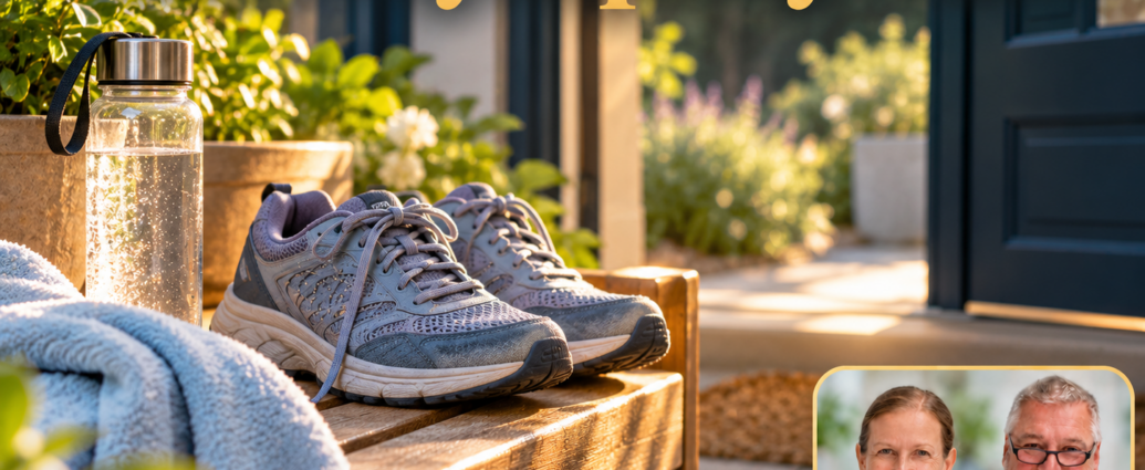 Das Lymphsystem - Herbert Eder - Frequenzforscher Bequeme Schuhe, ein hellblaues Handtuch und eine Trinkflasche auf einer Bank an einer offenen Gartentür. Anna und Herbert sind rechts unten im Porträt-Badge zu sehen.
