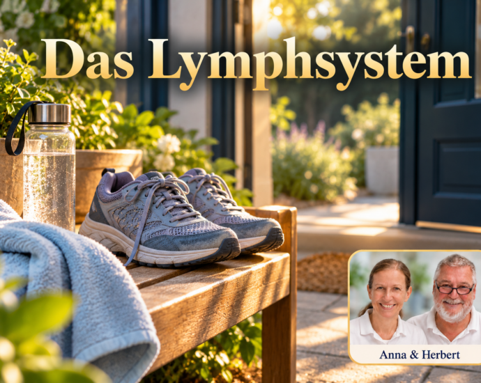 Bequeme Schuhe, ein hellblaues Handtuch und eine Trinkflasche auf einer Bank an einer offenen Gartentür. Anna und Herbert sind rechts unten im Porträt-Badge zu sehen.
