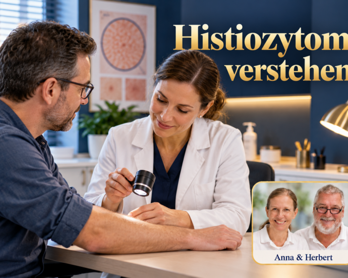 Frau im weißen Mantel hält eine Lupe über den Unterarm eines Mannes unter dem Titel Histiozytom verstehen.