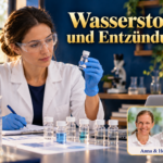 Wasserstoff und Entzündung – Anna und Herbert - Herbert Eder - Frequenzforscher Frau mit Schutzbrille und Handschuhen betrachtet ein Röhrchen unter dem Titel Wasserstoff und Entzündung.