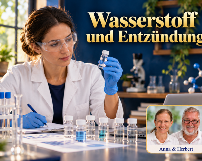 Frau mit Schutzbrille und Handschuhen betrachtet ein Röhrchen unter dem Titel Wasserstoff und Entzündung.