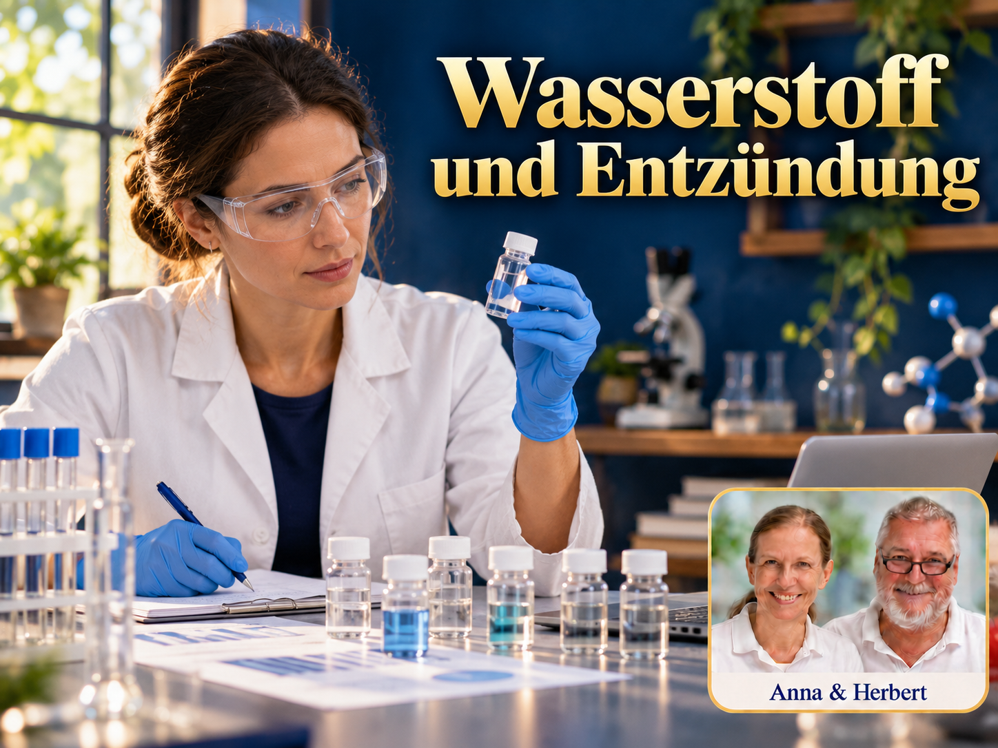 Wasserstoff und Entzündung – Anna und Herbert - Herbert Eder - Frequenzforscher Una donna con occhiali protettivi e guanti osserva una provetta sotto il titolo “Idrogeno e infiammazione”.