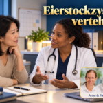 Eierstockzyste verstehen – Anna und Herbert - Herbert Eder - Frequenzforscher Zwei Frauen, eine im weißen Mantel, sprechen vor einem gynäkologischen Modell unter dem Titel Eierstockzyste verstehen.