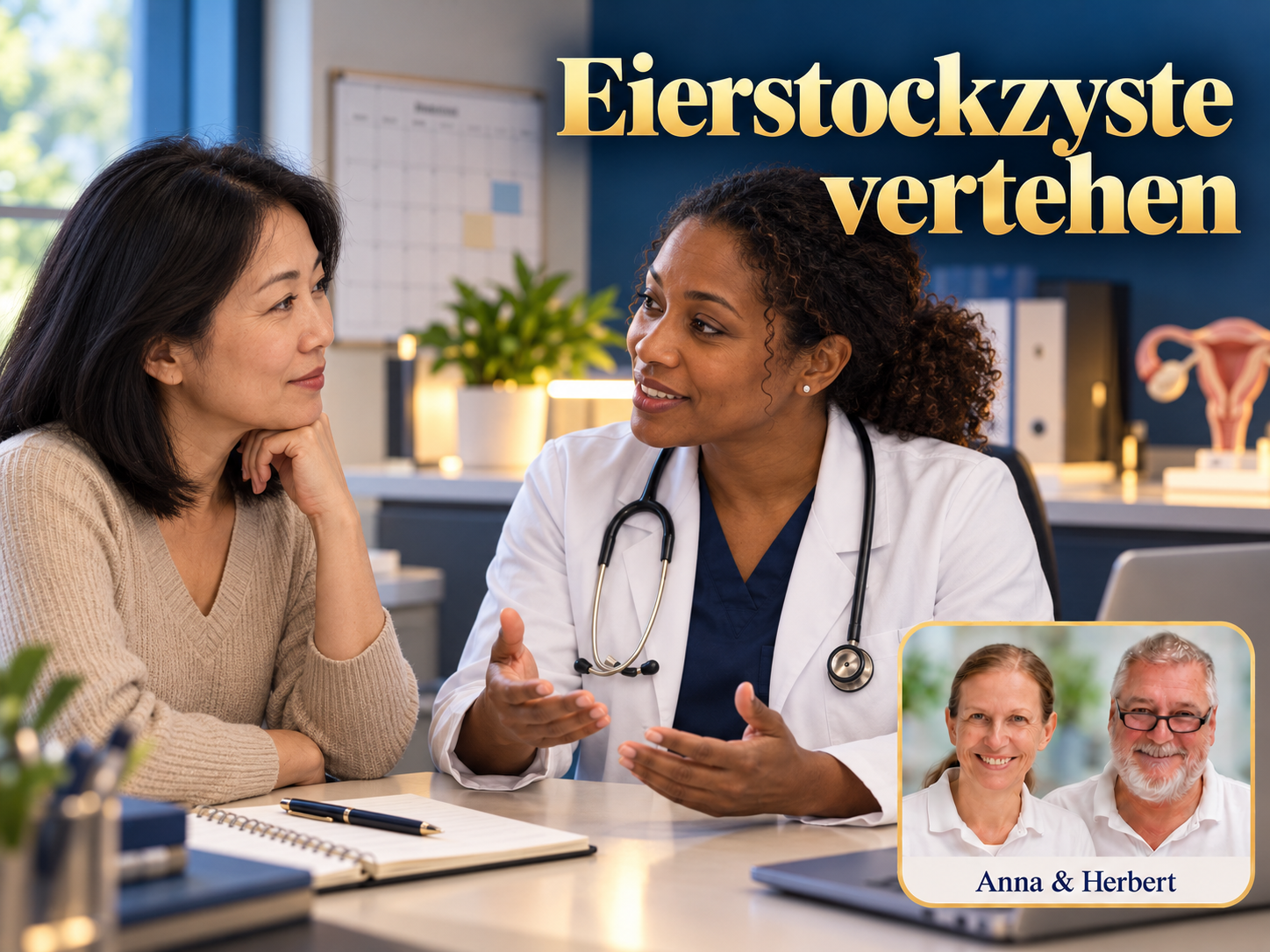 Eierstockzyste verstehen – Anna und Herbert - Herbert Eder - Frequenzforscher Zwei Frauen, eine im weißen Mantel, sprechen vor einem gynäkologischen Modell unter dem Titel Eierstockzyste verstehen.