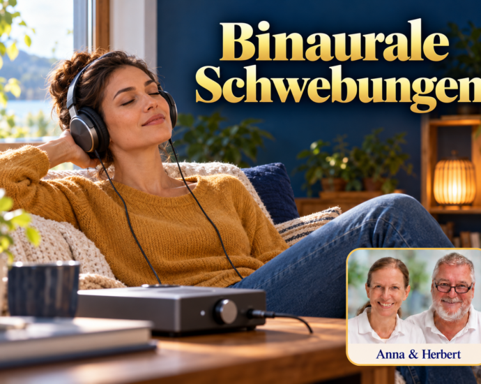 Frau sitzt mit Kopfhörern entspannt auf einem Sofa unter dem Titel Binaurale Schwebungen.