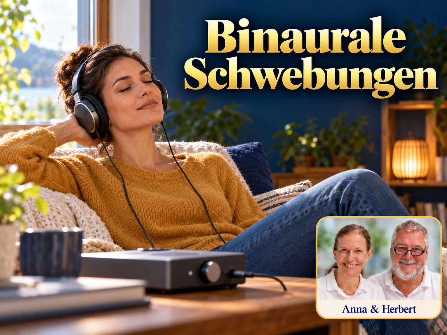 Binaurale Schwebungen – Anna und Herbert - Herbert Eder - Frequenzforscher Frau sitzt mit Kopfhörern entspannt auf einem Sofa unter dem Titel Binaurale Schwebungen.