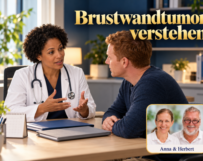 Mann spricht mit einer Frau im weißen Mantel unter dem Titel Brustwandtumor verstehen.
